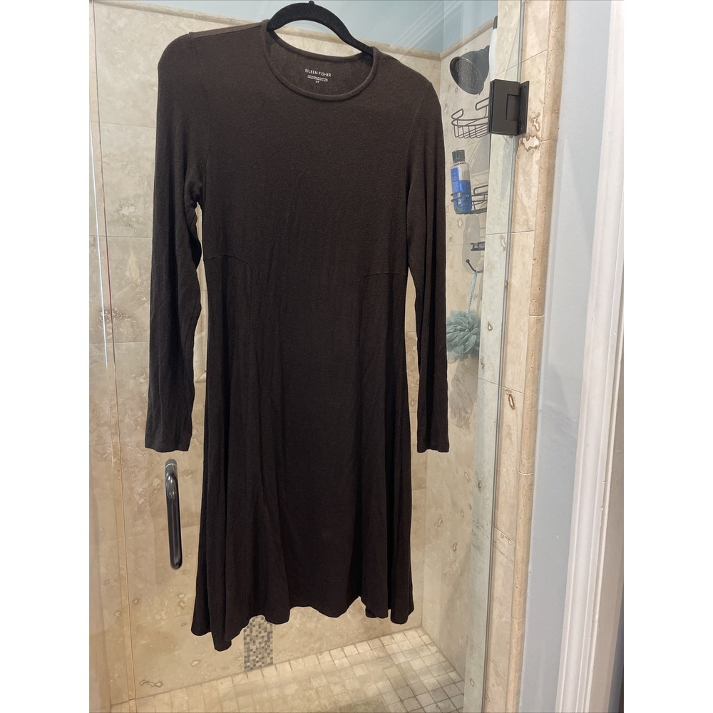 Eileen Fisher Brown Viscose Jersey Shift Dress Small Long Sleeve Modest Swing